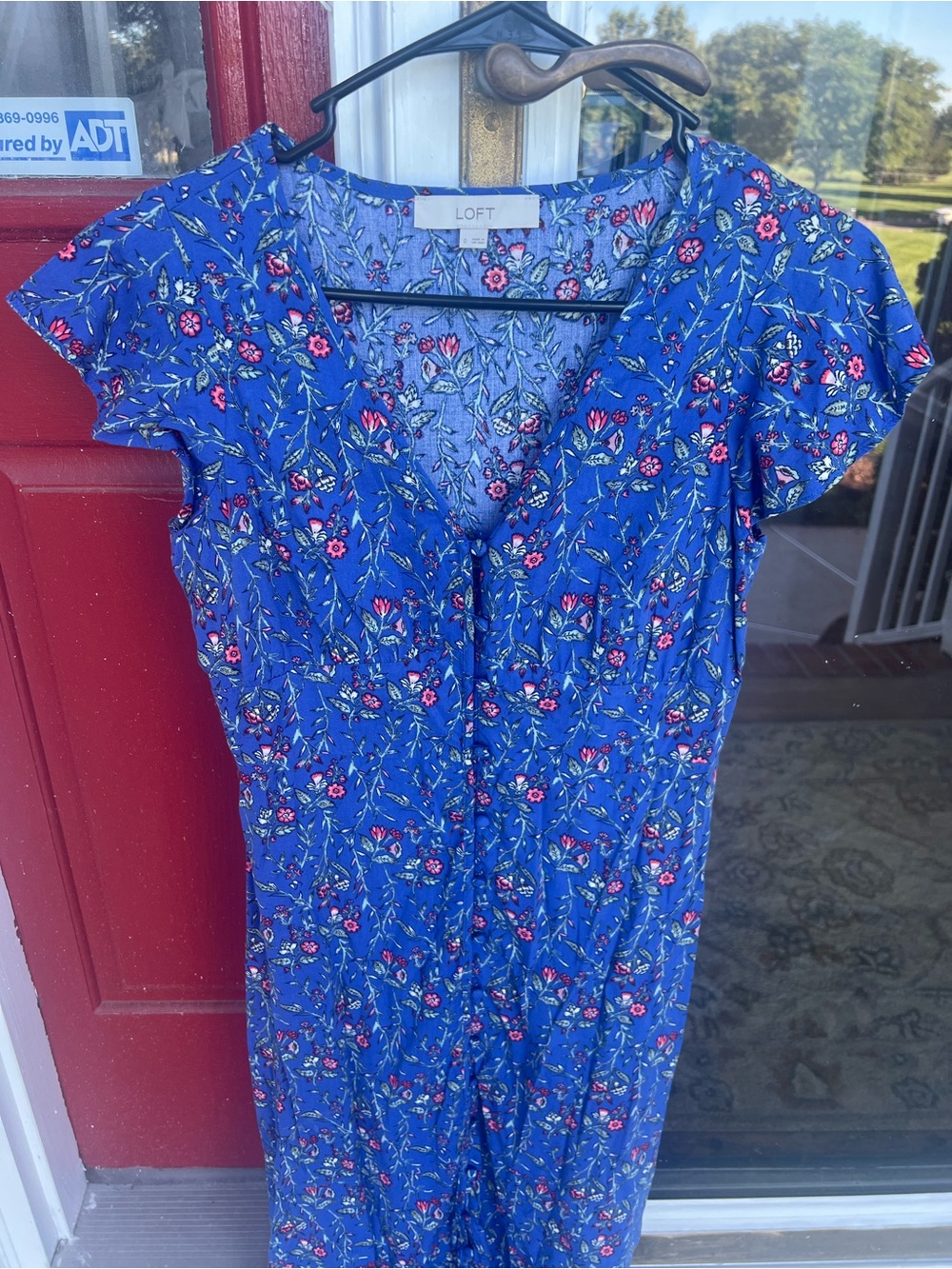 LOFT Blue Floral Button-Front V-Neck Midi Dress - Picture 4 of 9
